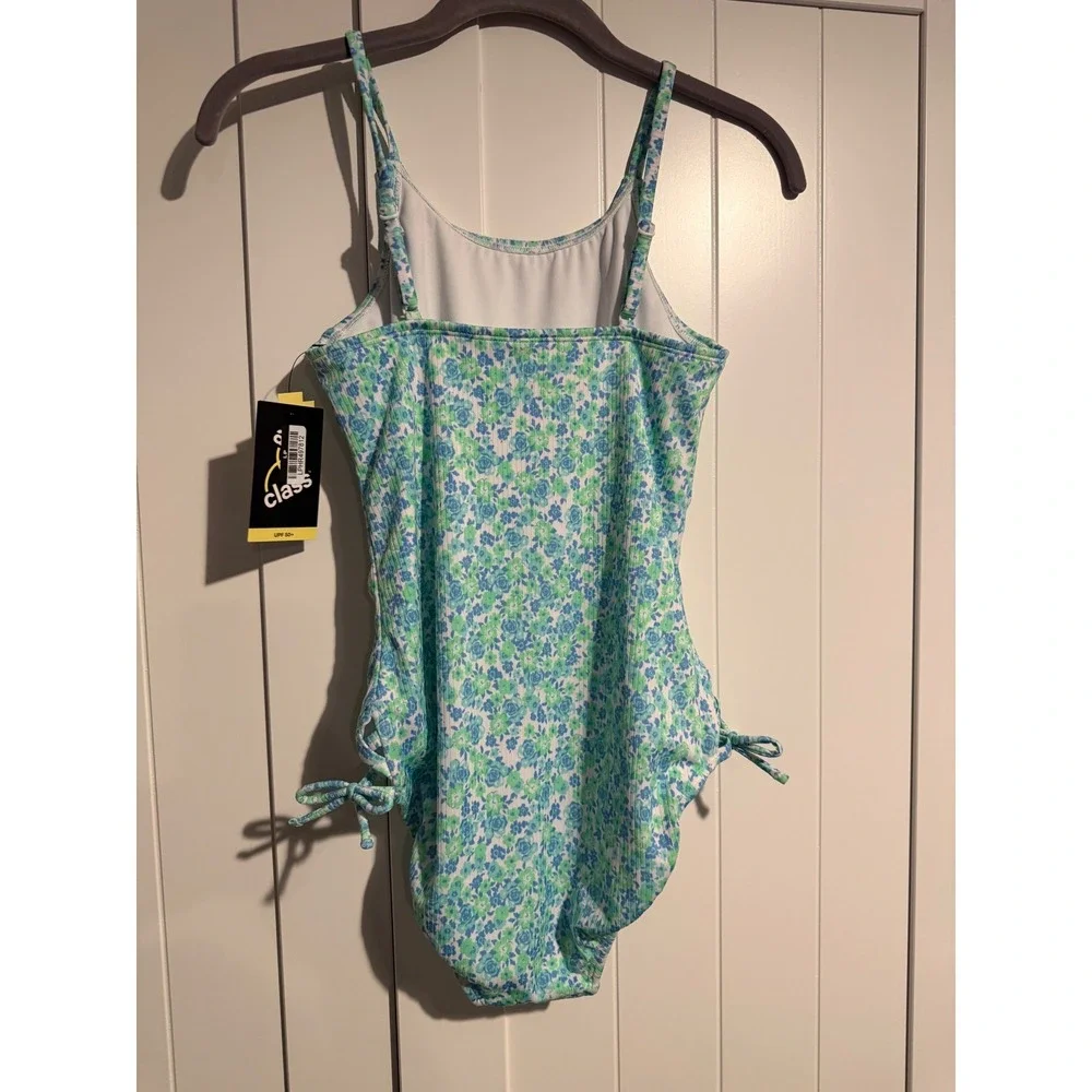 Art Class Girls XL 14 Floral One Piece Swimsuit Blue Green Ribbed UPF 50+ NWT